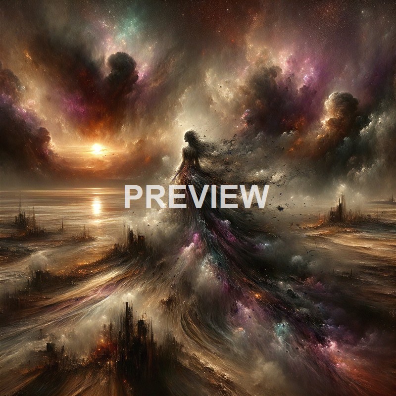 The image depicts a surreal, cosmic scene with a humanoid figure made of swirling clouds and particles standing on a landscape of dark, jagged structures beneath a vibrant, nebula-filled sky with a glowing sun and colorful stars.